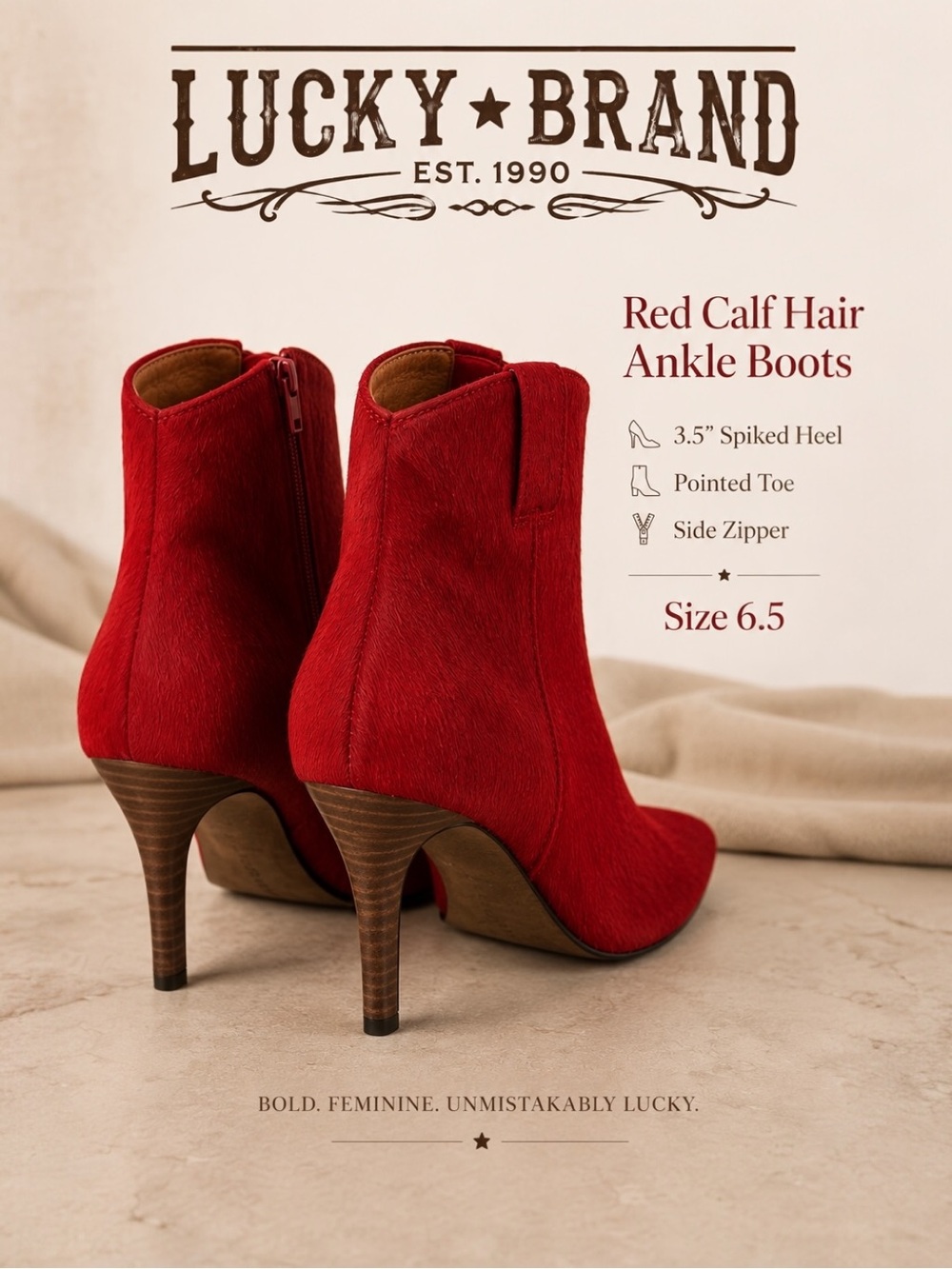 Lucky Brand Red Calf Hair Stiletto Ankle Booties Pointed Toe Size 6.5
